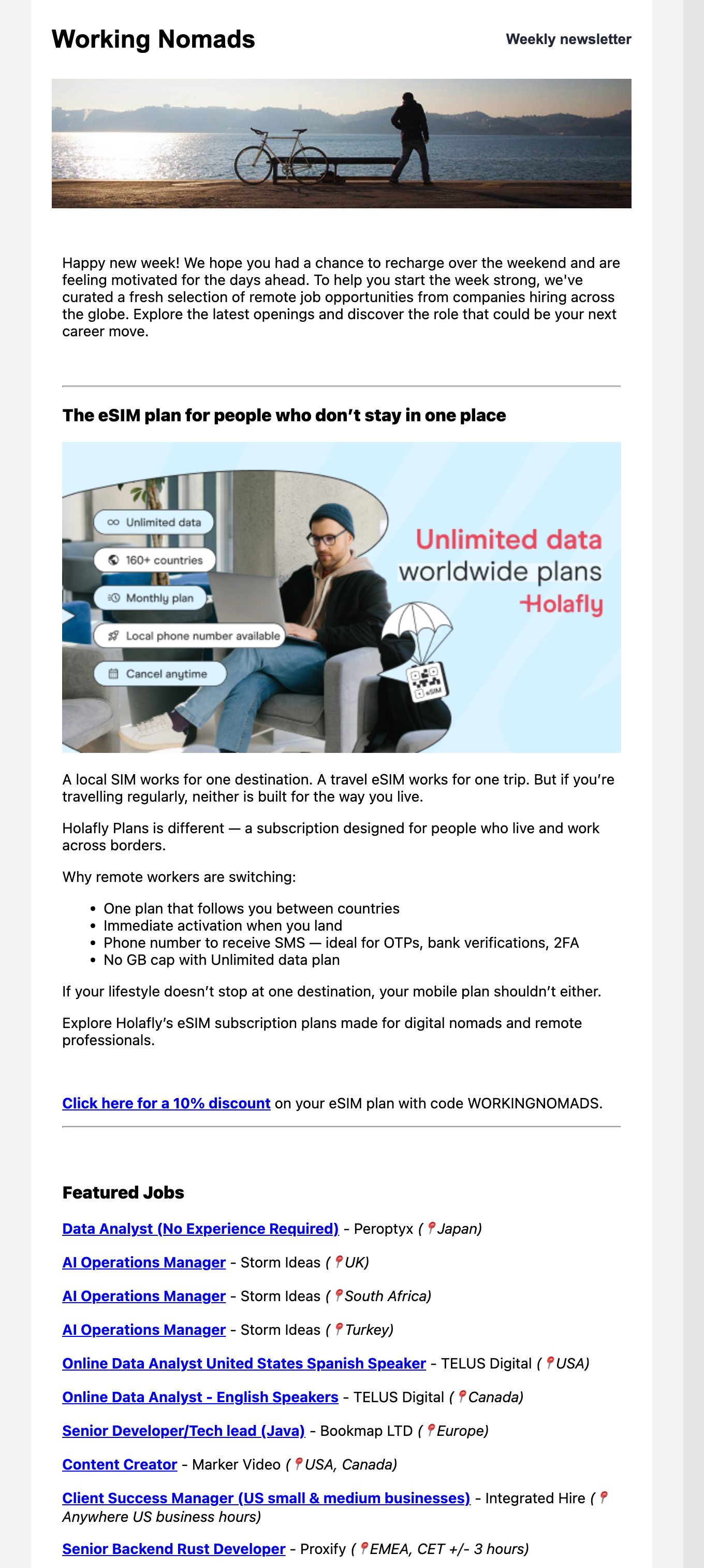 A recent Working Nomads content newsletter with a sponsor placement featured above the job listings